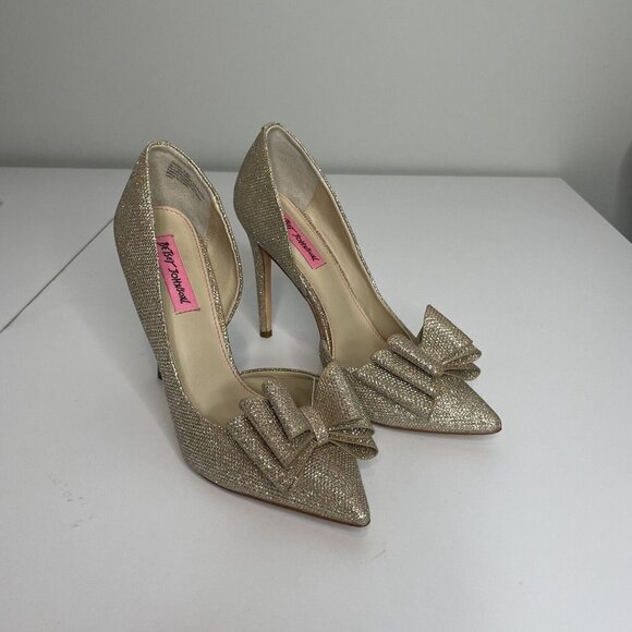 Betsey Johnson Prince Heels Gold Glitter Metallic Bow Size 8.5 - Picture 1 of 9